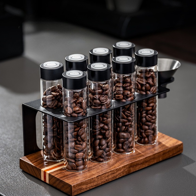 Kitchen Baking Storage - ขวดแก้วเก็บเมล็ดกาแฟ JUSTINLAU พร้อมวาล์วปิดผนึก 1 ทาง ชั้นวางไม้พร้อมกรวย