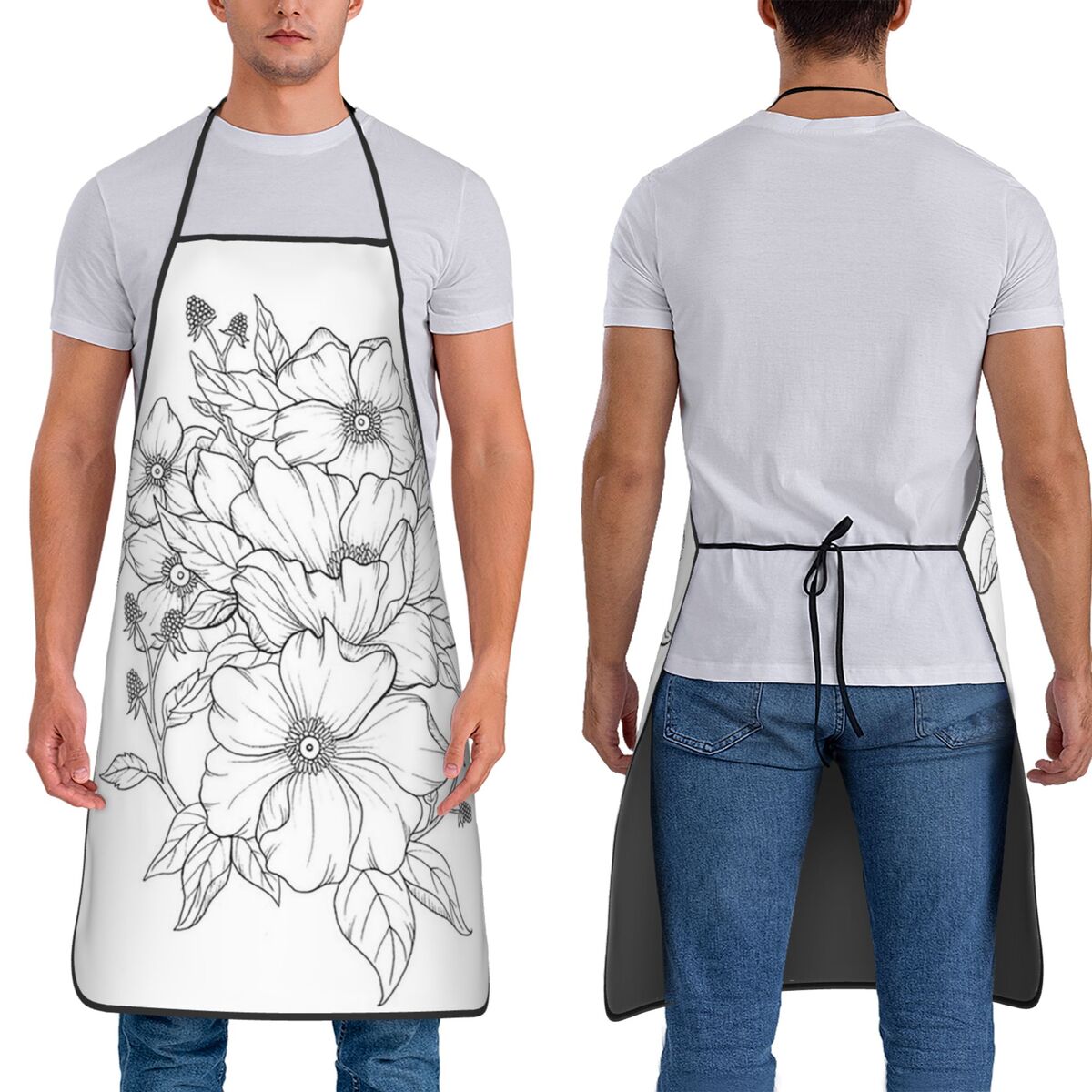 Kitchen Baking Drawing - ภาพวาดลายเส้นดอกไม้ ชุดผ้ากันเปื้อนลายดอกไม้โทนสีกลาง สำหรับเชฟ ทำขนม ทำครัว ทำความสะอาดในครัว