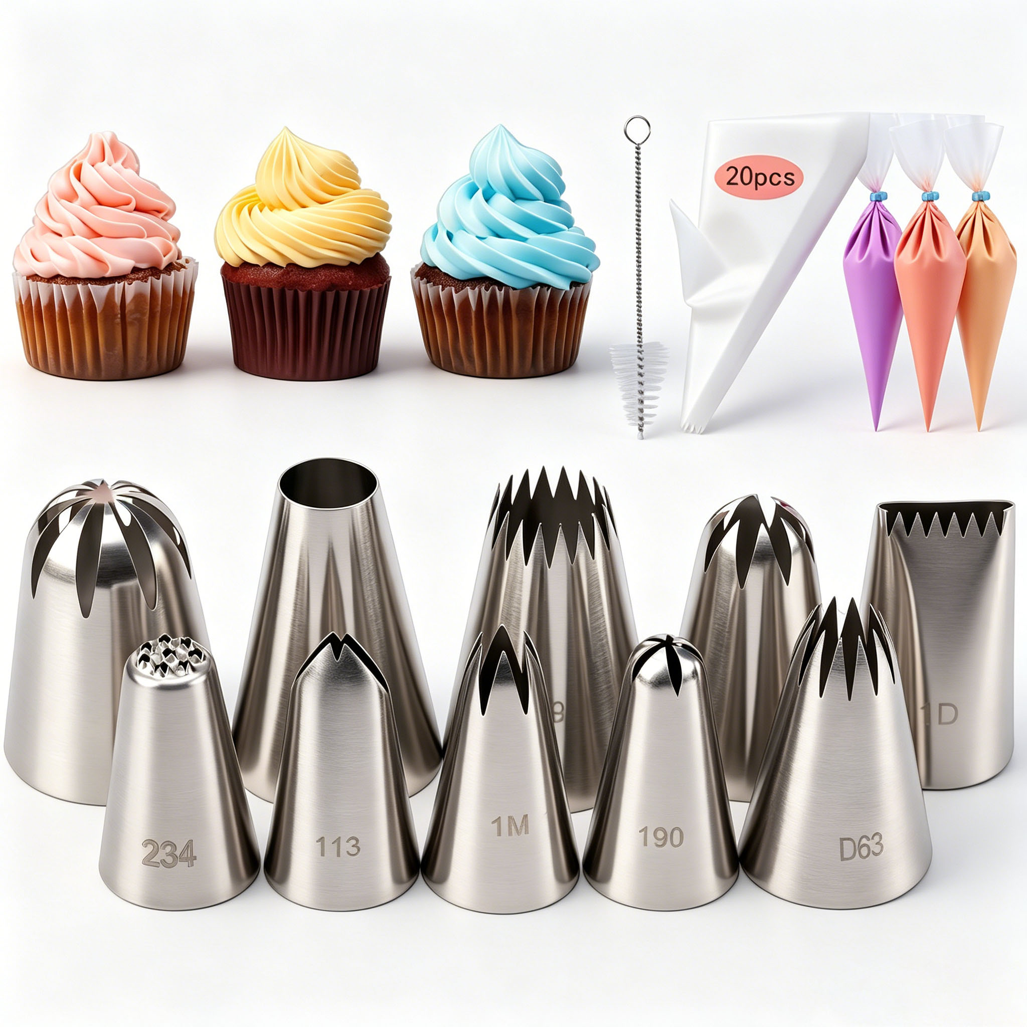 Piping Bag Disposable - ชุดหัวบีบเค้ก 31 ชิ้น ทำจากสแตนเลส พร้อมถุงบีบแบบใช้แล้วทิ้ง แปรง