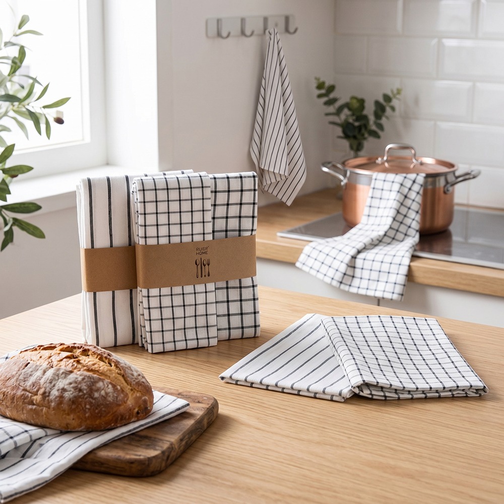 Kitchen Baking Table - ผ้าเช็ดจานลายสก็อตผ้าฝ้ายทันสมัย 4 ผืน ชุดผ้าเช็ดครัวลายทางคลาสสิก สำหรับผ้าเช็ดปากโต๊ะอาหาร และอุปกรณ์ประกอบฉากถ่ายภาพการอบขนม
