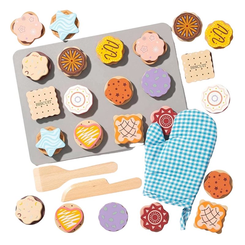 Baking Kitchen Kids - WOWFU-ชุดของเล่นทำอาหารคุกกี้ไม้สำหรับเด็ก, ชุดอุปกรณ์ทำอาหารสำหรับเล่นบทบาทสมมติในครัวสำหรับเด็กอายุ 3 4 5 ปี