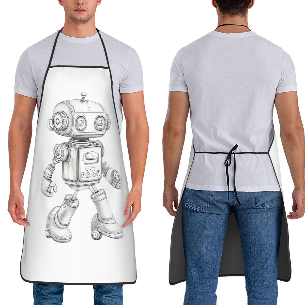 Kitchen Robot Baking - ผ้ากันเปื้อนลายหุ่นยนต์สไตล์เรโทร พร้อมเสน่ห์แบบกลไก สำหรับเชฟ อบขนม ทำครัว ทำความสะอาด