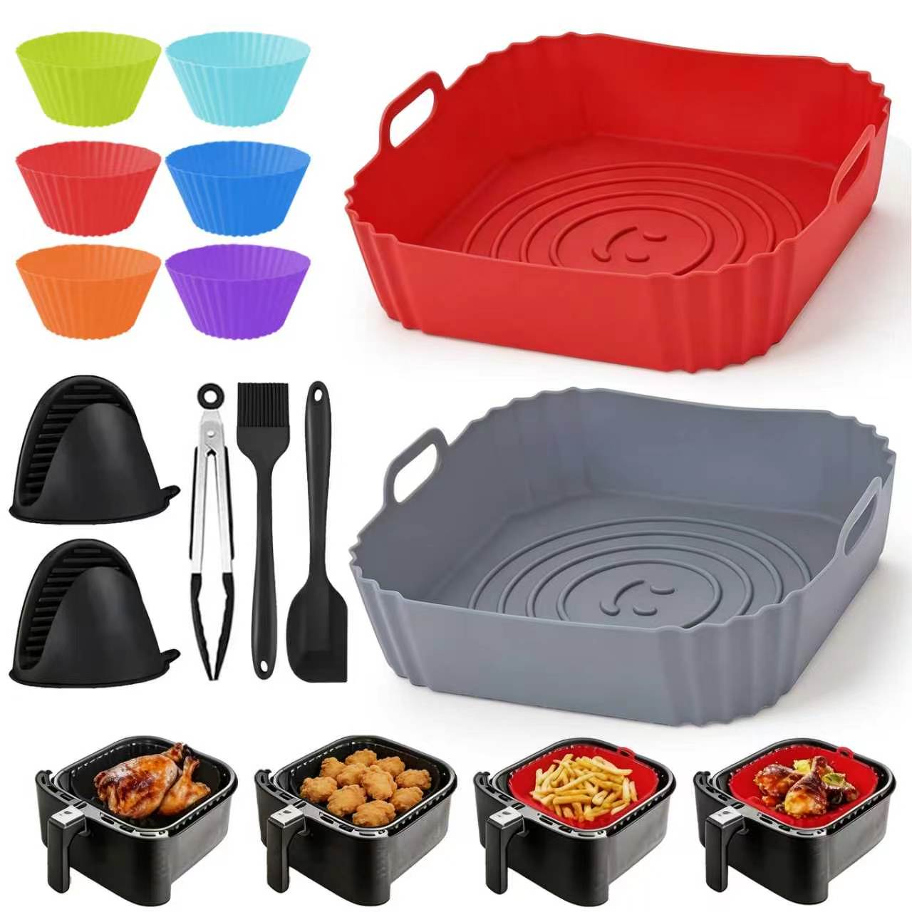 Kitchen Baking Tray Set - ชุดตะกร้าซิลิโคนสำหรับหม้อทอดไร้น้ำมันแบบสี่เหลี่ยม 2 ชิ้น ใช้ซ้ำได้ แผ่นรองอบแบบไม่ติดกระทะ สำหรับเตาอบและหม้อทอดไร้น้ำมัน