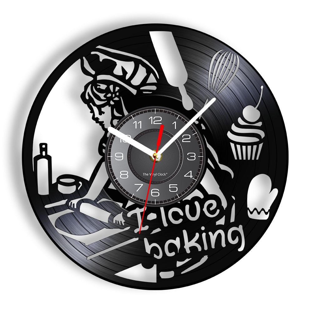 Kitchen And Baking Life - นาฬิกาแขวนผนังลายแผ่นเสียงไวนิลสำหรับคนรักการอบขนม ของตกแต่งครัว นาฬิกาเงียบสำหรับเชฟทำขนม ของขวัญสำหรับนักทำขนมและเชฟเบเกอรี่